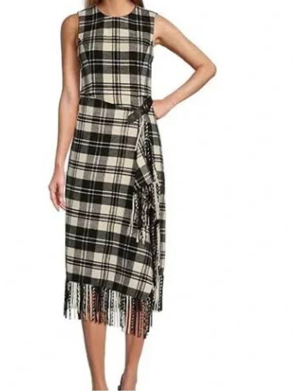 NWT Antonio MELANI  Tula wrap Plaid Fringe Midi Dress in Black and Cream size 8